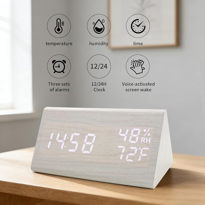 Wooden Digital Alarm Clocks for Bedrooms - Electric Desk Clock with Large Numbers, USB Port, Loud Alarm for Heavy Sleepers, Adjustable Volume, Dimmer, Snooze, DST, Wood Décor, Adapter Powered