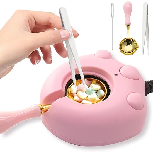 Electric Wax Warmer, Seal Melter Pink Electric Wax Seal Kit with Spoon, Tweezer and Stir Stick for Melting Beads and DIY