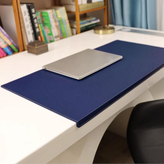 Leather Desk Mat with Stitched Edges & Edge Protection, Non-Slip Large Office Desk Mouse Pad for Work Game Typing, Waterproof Writing Table Extended Protector (Navy,27.6"x13.8")