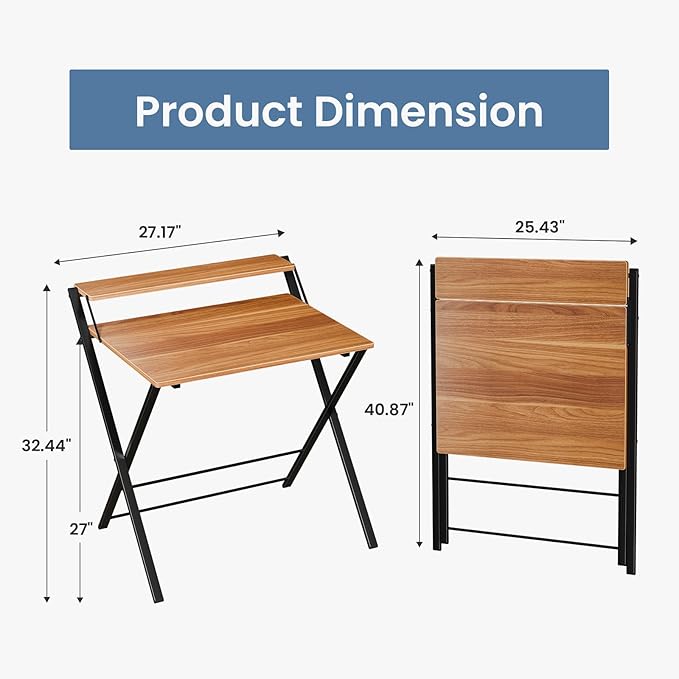 DUMOS Small Folding Desk with Shelf, No-Assembly Foldable Computer Desk for Tight Spaces, Portable Table for Bedroom, Home Office, Dorm or Apartment, Brown
