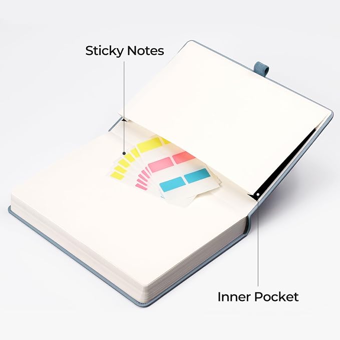 EMSHOI A5 College Ruled Notebook, 320 Numbered Pages 100GSM Ink-Proof Faux Leather Hardcover Lay-Flat Lined Journal for Work Office School Writing, SUN Design, Small 5.75" x 8.38", GrayBlue