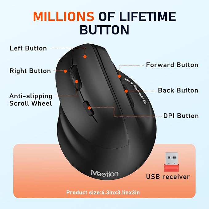 MEETION Left-Handed Ergonomic Mouse, Wireless Vertical RGB Rechargeable Mouse, Bluetooth(5.2 + 3.0) & USB, 4 Adjustable DPI Mice for Mac/Windows/PC/Tablet/iPad Black