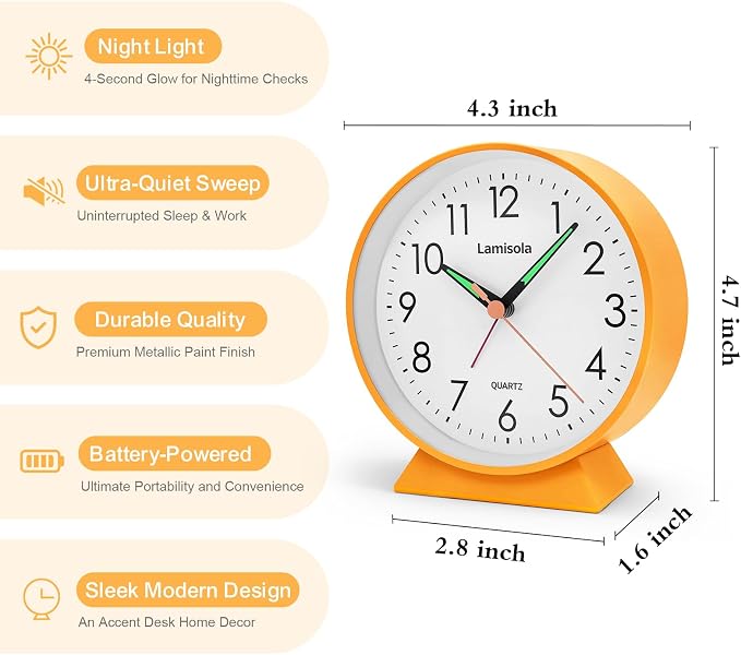 4.5 Inch Small Silent Analog Alarm Clock, Retro Battery Operated Desk Clock with Night Light Stays On 4 Seconds Vintage Metal Table Clock for Bedside, Nightstand, Bedroom, Office, Bathroom - Orange