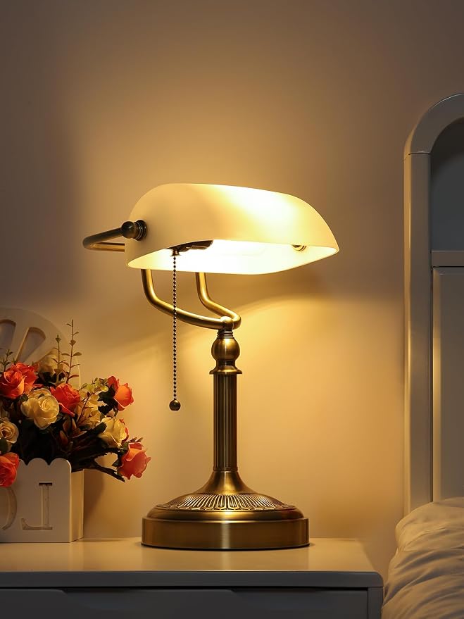 Glass Bankers Desk Lamp with Pull Chain Switch Plug in Fixture (Matted White +Green Bronze Base, Classic)
