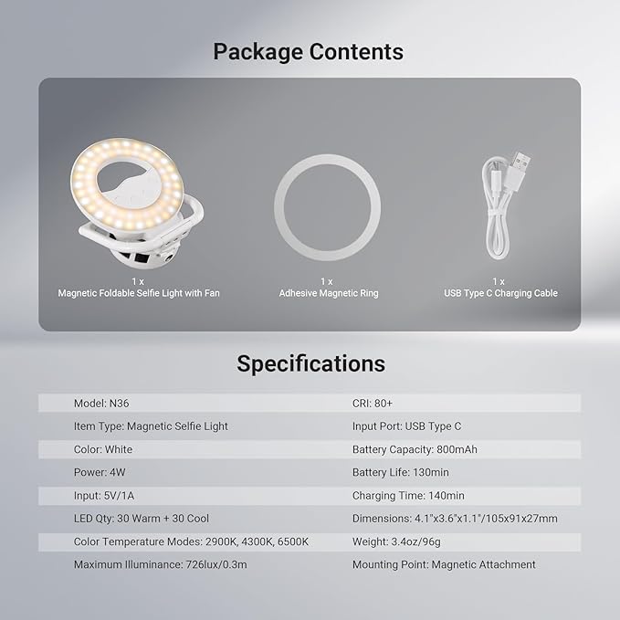 NEEWER Entry Level Version N36 Magnetic Selfie Ring Light & Phone Cooler Compatible with MagSafe iPhone, 4W Bi Color Foldable Small Plastic LED Fill Lighting 800mAh/CRI80+ for Video Recording Makeup