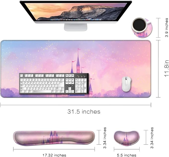 Desk Mat, Large Gaming Mouse Pad with Wrist Rest, 4 in1 XXL Mouse pad+Keyboard Wrist Rest+Mouse Pad Wrist Support+Cup Coaster Set, Ergonomic Desk Pad for Home Office,Pink Castle