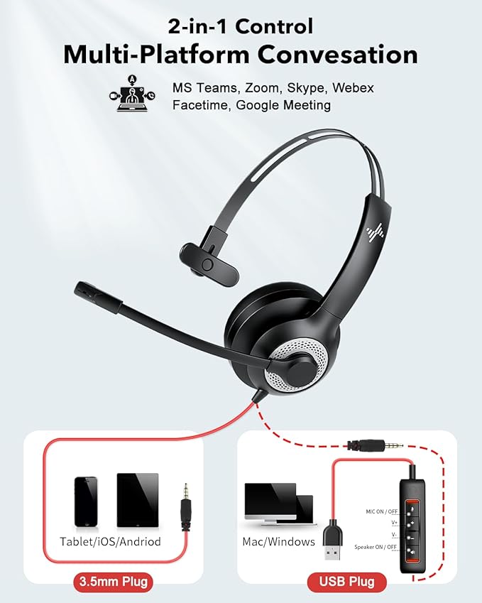USB Headset with Mic for PC, On-Ear Computer Laptop Headphones with Noise Cancelling Microphone in-line Control for Home Office Online Class (USB+3.5mm Single Ear Headset, Black)