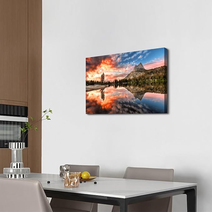 Nature Cathedral Lake Wall Art for Kitchen Wall Decor Mountain Forest Wall Decor Burnt Orange Sunset Photography Painting Canvas Prints Modern Aesthetic Framed Posters Artwork 16x24" Ready to Hang