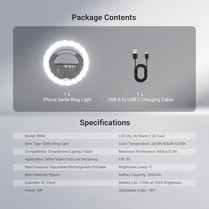 NEEWER Entry Level Version 4" Phone Selfie Ring Light Compatible with iPhone, 5W Bi Color Rechargeable Clip Lighting with 500mAh/CRI85 for Video Recording Makeup Laptop Webcam Video Conference, BR40