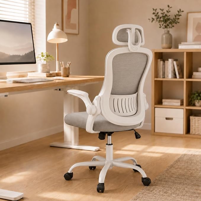 Grey Ergonomic Office Chair, High Back Mesh Desk Chair with Adjustable Headrest Lumbar Support, Computer Chairs with Flip-up Armrests and Thickened Cushion for Adults Home Office, 360° Swivel