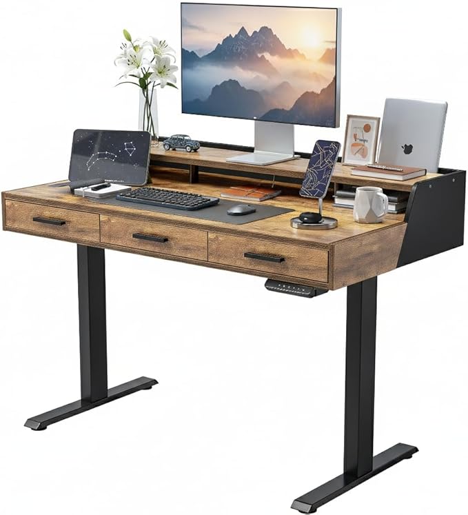 CubiCubi Standing Desk 48x26 Inches with 3 Wood Drawers and Monitor Shelf, Ergonomic Rising Home Office Desks, Height Adjustable Computer Desk, Sit Stand Up Electric Workstation Table, Rustic Brown