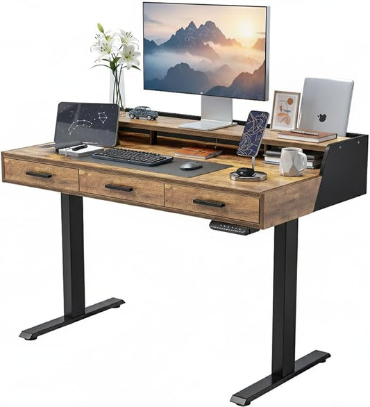 CubiCubi Standing Desk 48x26 Inches with 3 Wood Drawers and Monitor Shelf, Ergonomic Rising Home Office Desks, Height Adjustable Computer Desk, Sit Stand Up Electric Workstation Table, Rustic Brown
