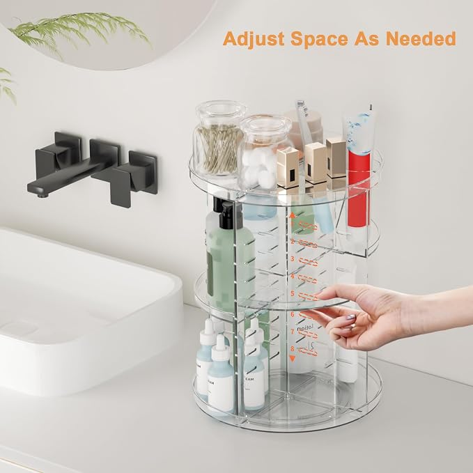 Rotating Makeup Organizer, DIY 8 Adjustable Layers Spinning Skincare Storage, Cosmetic Display Case with Brush Holder and Perfume Tray, Multi-Function Vanity Bathroom Countertop Organizer Clear