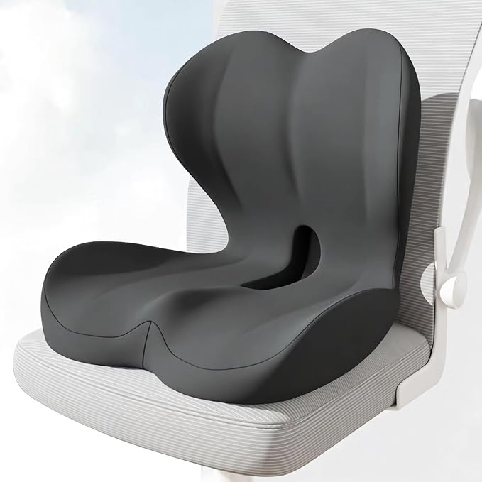 Back and Seat Cushion for Office, Back & Tailbone Pain Relief, Raised Cushion for Lumbar and Butt, Double-Sided Anti-Slip, Improves Sitting Posture, Ergonomic Memory Foam Lumbar Cushion (Dark Gray)