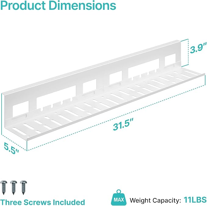 Under Desk Cable Management Tray, 31.5'' Screw-Mount Steel Rack | Metal Cord Organizer for Power Strips, Chargers, Reversible Installation, Effortless Wire Management for Home Office, White