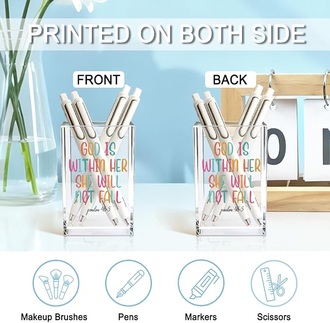 God Is Within Her, She Will Not Fail Acrylic Pencil Holder Cup Gifts | Bible Verse Inspirational Pen Holder for Office Desk, Psalm 46:5 Christian Gifts for Women, Jesus Faith Inspirational Gifts