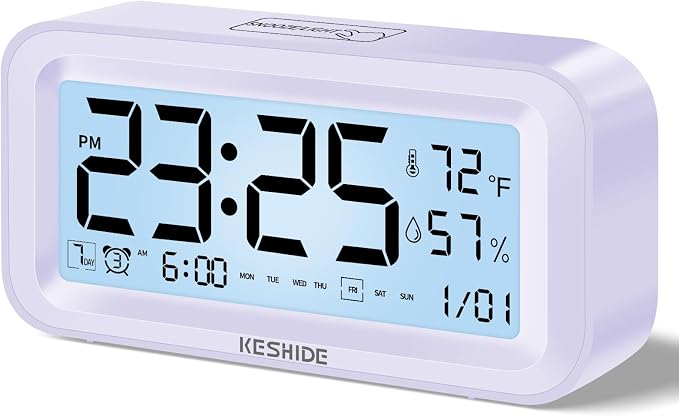 Night Light Digital Alarm Clock Battery Operated with Indoor Temperature Humidity, Desk Small Clock,Snooze Model,12/24H Display for Bedrooms Heavy Sleepers Kids Travel Bathroom (Purple)