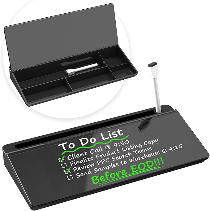 Glass Desktop Whiteboard, Dry Erase Board with Marker Holder, Computer Monitor Message Board and Desk Organizer for Home, Office and School Supplies (Black)