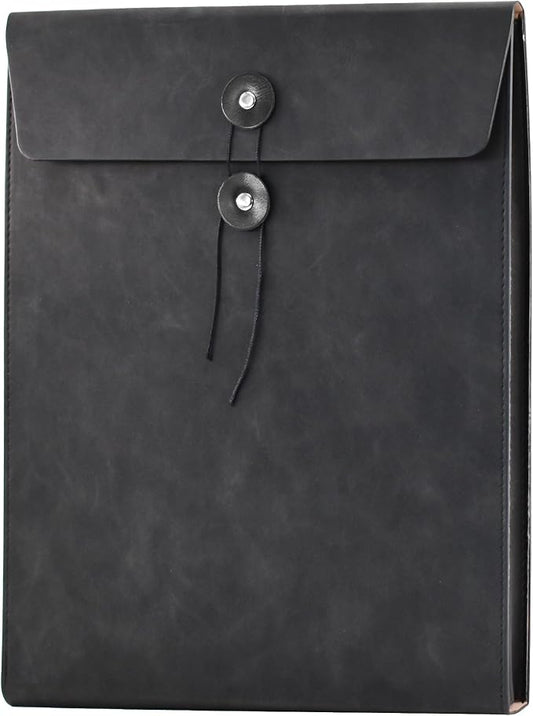 VANRA Vertical PU Leather Envelope File Folders Expanding Document Holder Organizer Pocket Folder Portfolio for A4 Letter Size Paper with String Tie Closure (Black)