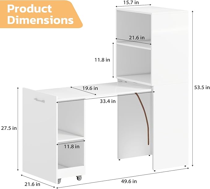 Zevemomo Folding Desk with Storage, Convertible Table with Shelves & Wheels, Craft Cabinet with Fold Out Table, Compact Computer Desk for Small Space, Reversible L Shaped Desk - White