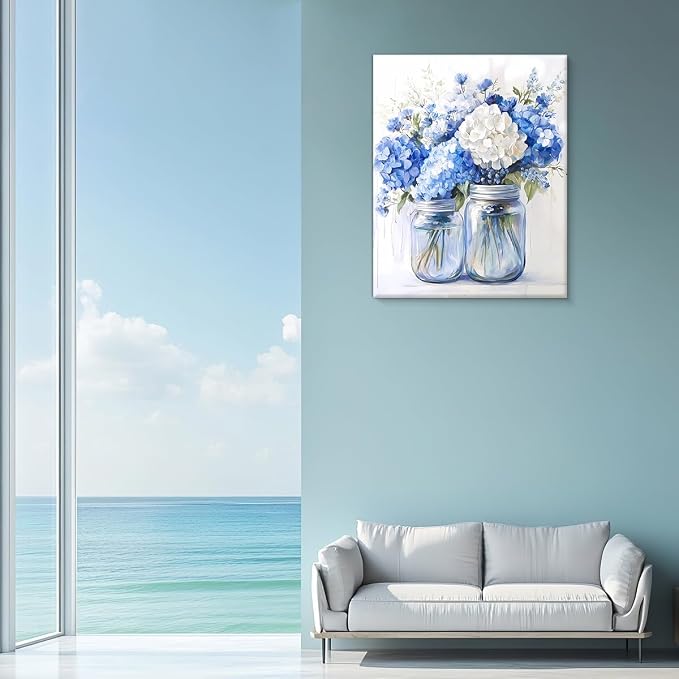 Vintage Floral Framed Wall Art Decor Light Blue Flowers Canvas Print Poster Abstract Flowers Bouquet in Vase Pictures Painting for Home Bathroom Bedroom Wall Decor 8x10 Inches
