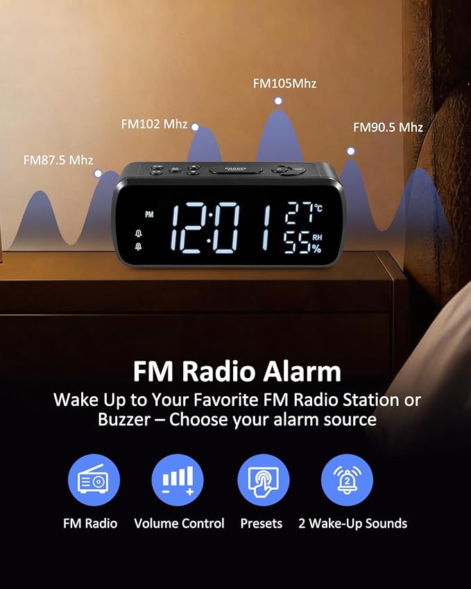 G Keni Digital Alarm Clock with FM Radio for Bedroom | 2 Alarms with Large LED Display,Snooze,USB Charger,Preset, Dimmer,Sleep Timer,Temperature,Relative Humidit,Adjustable Volume