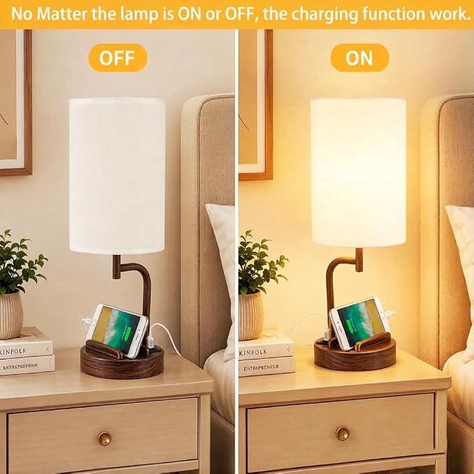 Dreamholder Touch Control USB Table Lamp with USB C/A & AC Outlet, 3-Way Dimmable Bedside Lamp, Modern Nightstand Lamps for Bedroom Living Room Guest Room Office, Bulb Included, Walnut