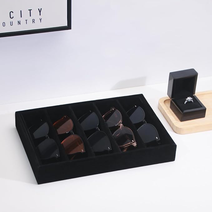 Bedside Organizer Tray, Desktop Storage Tray for Jewelry, Sunglass, Phone, Watch, Perfume,Lipstick, Nightstand Desk-top Catchall, Multi-use Holder for Desk Drawer (Black 5Grid)