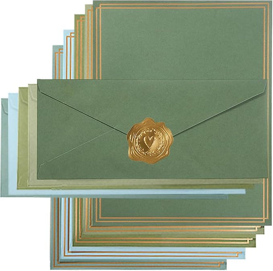 50 Pack Colored Stationery Set, 5 Colors #10 Business Envelopes, 50 Sheets 8.5x11 Paper Sheet and Gold Stickers for Office, Letters, Invitations (Sage-Green)