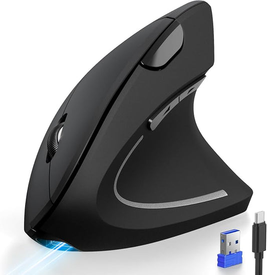 TECKNET Ergonomic Mouse Wireless, Rechargeable Vertical Mice Right Hand | Bluetooth+2.4GHz USB, Multi Device, 4800 DPI Adjustable, Optical Carpal Tunnel Mouse for Laptop, PC, MacBook, Black
