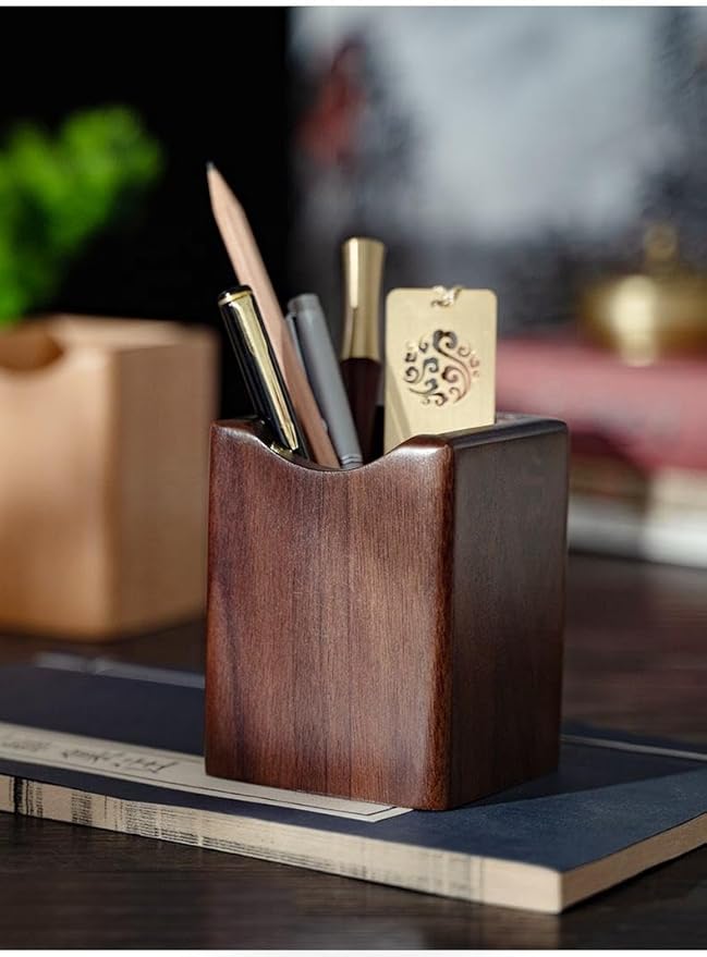 Wooden Pen Holder for Desk, 2 Pack Natural Wood Pencil Cup Holder – Office Desk Accessories Organizer, Makeup Brush Holder, Kids Crayon Marker Caddy, Eco-Friendly (2 Pack Walnut Color)