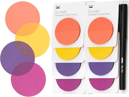 Mr. Pen- Round Transparent Sticky Notes, 1.8”, 8 Pads with Black Fineliner | 400 Sheets, Smooth Writing, Water-Resistant, Clean Removal, Easy-Peel Sticky Notes for Bible Journaling & Planning, Sunset