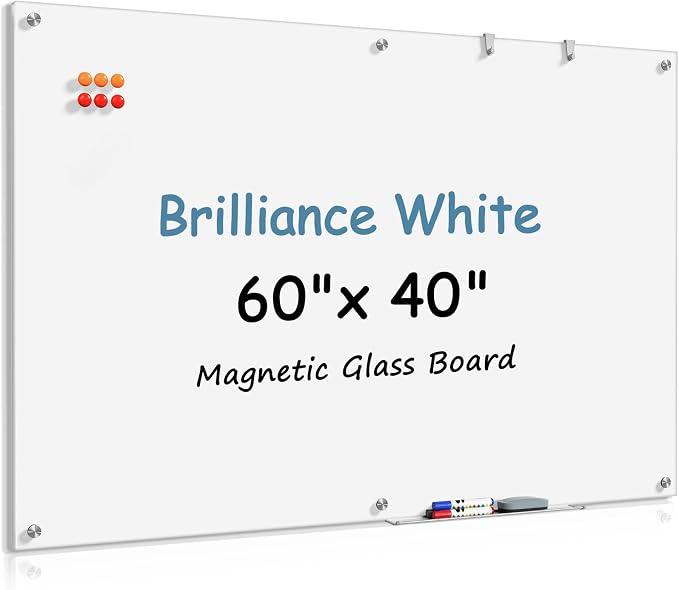 MaxGear Tempered Glass Whiteboard Dry Erase Board 60x40 Inch Ultra White | Magnetic Steel,Frameless Design,Smooth Writing,Ghost Free,Wall Mounted,Accessory Kits,Office Classroom Conference Room Use