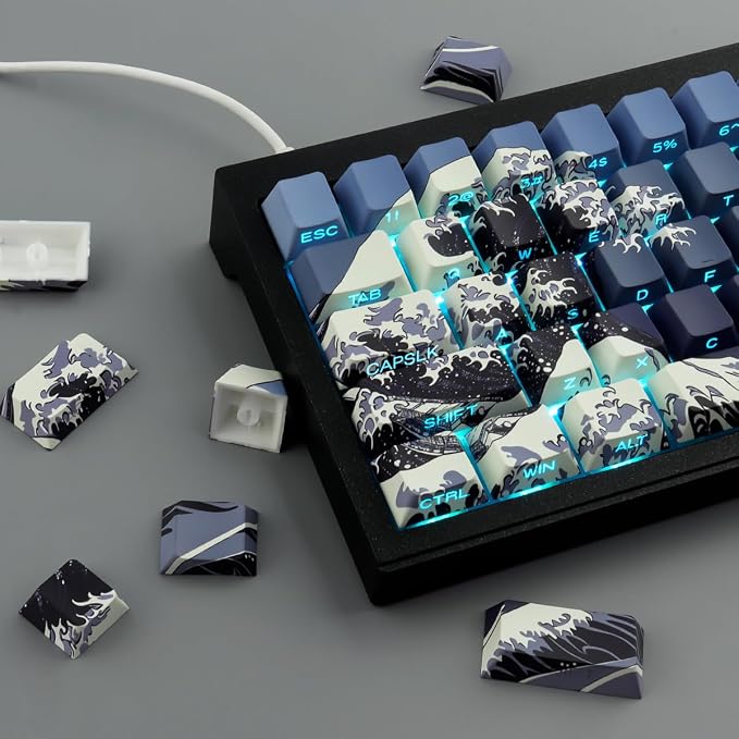 PBT Key caps Custom Cool Wave of Kanagawa Dark Blue Keycaps Keyboard | Tsungup Keycaps 75 Percent,131 Keys Dye Sub Side Print Shine Through Keycap Set,Cherry Key Caps for Mechanical Keyboard