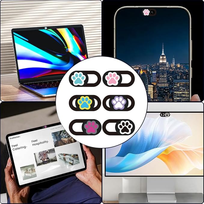 6Pcs 6 Styles Paw Print Cute Laptop Camera Cover 0.04 Inch Privacy Guard Accessories, Webcam Cover Slide Ultra Thin Protector Blocker for Desktop Computer Tablet Notebook Mini PC Office Use