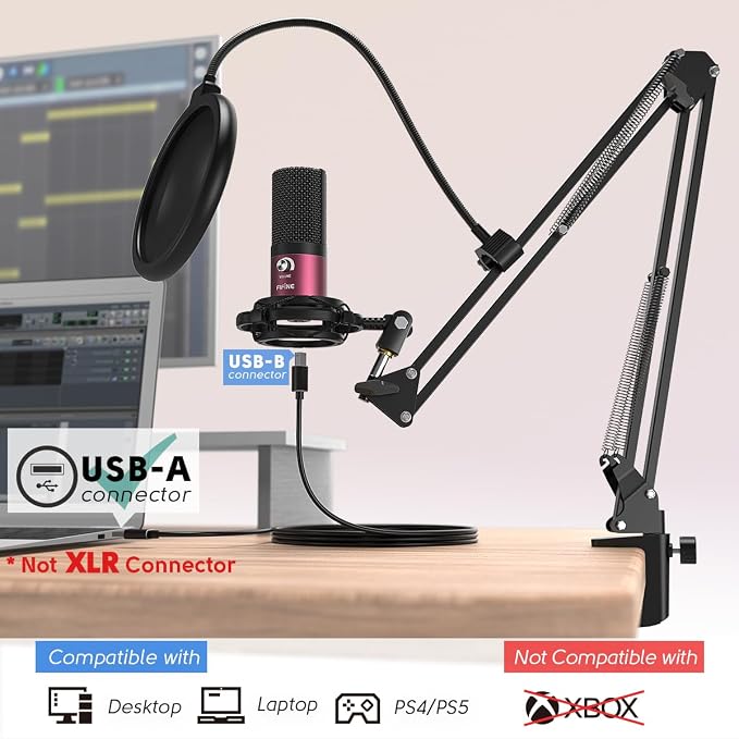 FIFINE Podcast Microphone Kit-USB PC Computer Recording Microphone, Condenser Mic Set for Streaming, Gaming, Voice-Over, Meeting, with Arm Stand, Shock Mount, Pop Filter-T669 Rose Red