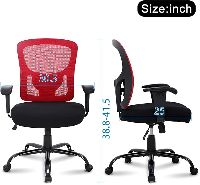 Big & Tall Office Chair Heavy Duty 400LBS Computer Desk Chair Ergonomic Task Rolling Swivel Mesh Chair with Lumbar Support & Adjustable Armrest Executive Chair for Women Men, Red
