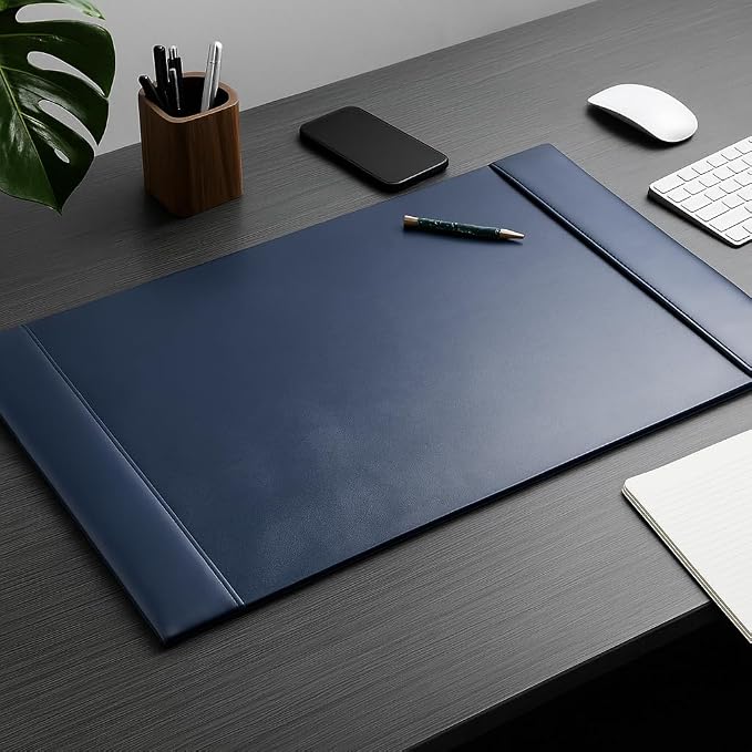 Dacasso Bonded Pad with Side Rails Luxury Leather Desk Blotter for Writing, 30 x 18 (Navy Blue)