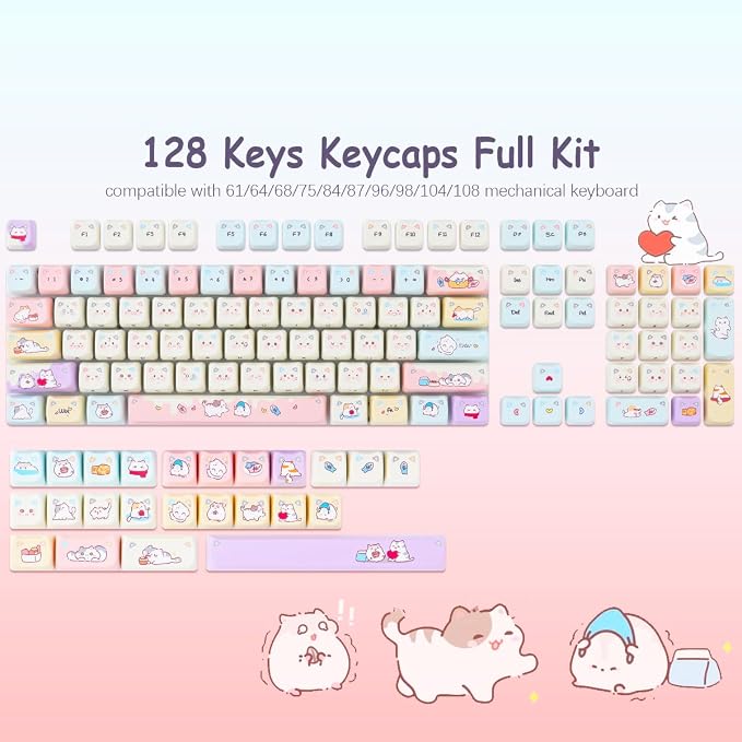 Tsungup PBT Keycaps Mao Profile-Pink Cream Keycap,127 Keys Cute Hiding Cat Theme Custom Key Caps Keyboard Keycaps, Dye Sub Keycap Set for 60%,65%,75%,100% Mechanical Keyboard
