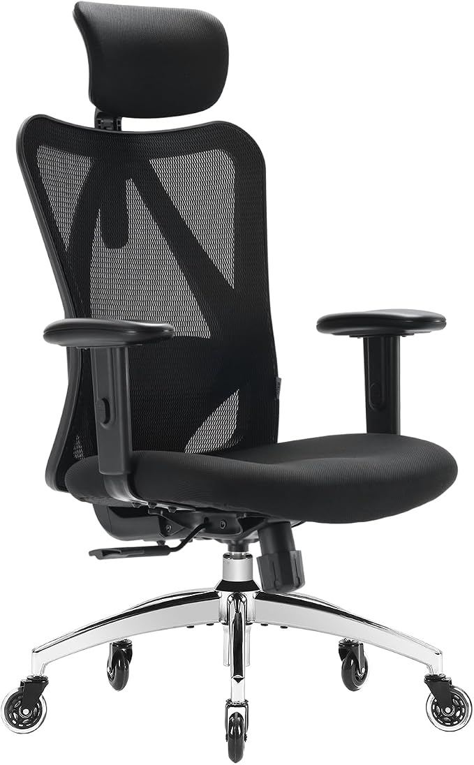 XUER Ergonomic Office Chair, Mesh Computer Desk Chair with Adjustable Sponge Lumbar Support, Thick Cushion, PU Armrest and Headrest, High Back Swivel Home Office Task Chair for Work (Black)…