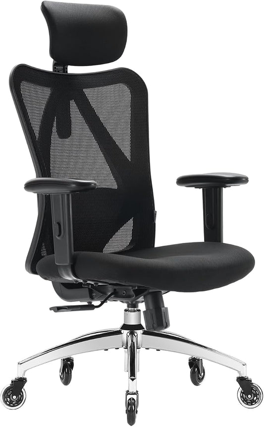 XUER Ergonomic Office Chair, Mesh Computer Desk Chair with Adjustable Sponge Lumbar Support, Thick Cushion, PU Armrest and Headrest, High Back Swivel Home Office Task Chair for Work (Black)…