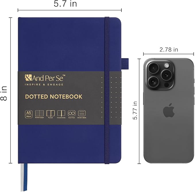 &And Per Se Dotted Journal Notebook, A5 Hardcover Leather Dotted Journal, 160 Pages 100gsm Thick Dot Grid Paper, 3 Sheets of Stickers Included - 5.7'' x 8'' (Royal Blue)