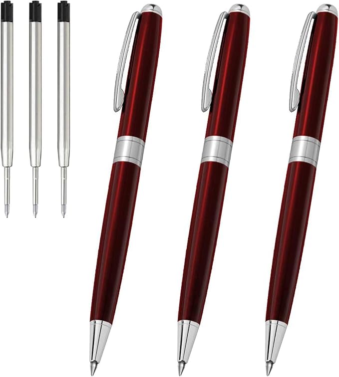 Cambond Ballpoint Pens Black Ink - Weighted Metal Twist Red Pens for Police Uniform Flight Attendant Business, 1.0 mm Medium Point Smooth Writing, 3 Pens with 3 Extra Refills (Red)