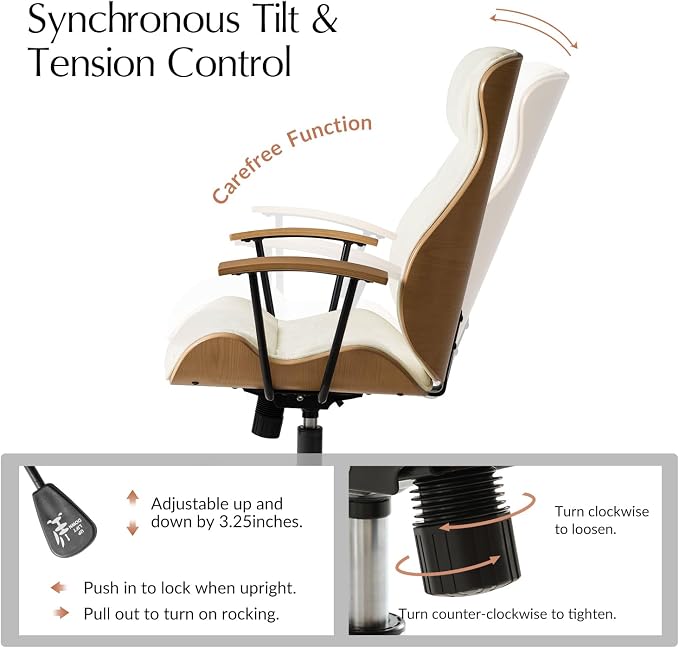 HULALA HOME Solid Wood Office Chair with High Backrest, Ivory | Mid Century Modern Bentwood Desk Chair with Tilt Function, Swivel Fabric Computer Task Chair, Height Adjustable, Metal Base