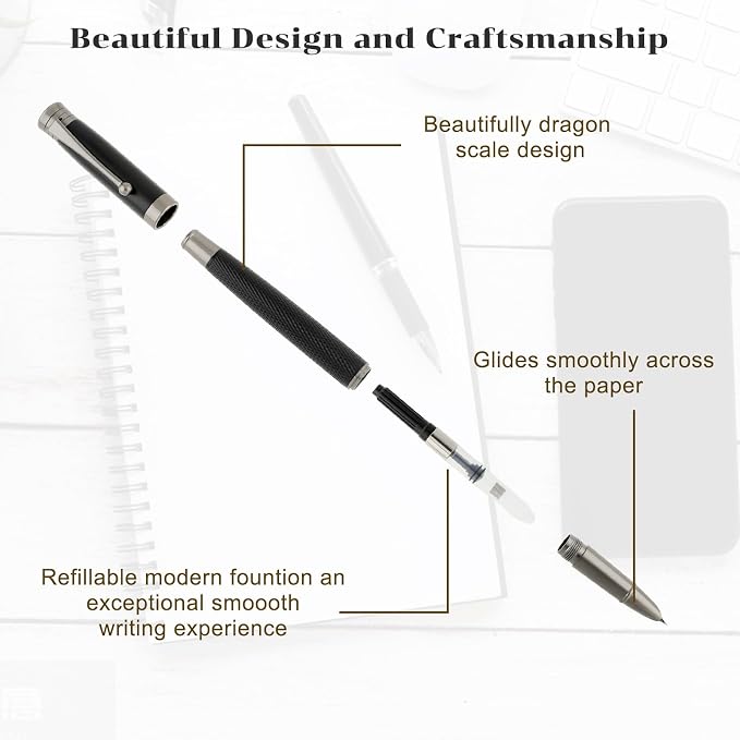 TIESOME Luxury Fountain Pen Set, Metal Fountain Pen with 6 2.6mm Ink Cartridges Smooth Writing Calligraphy Pens for Journaling Gift Office Business (0.7mm bent nib)