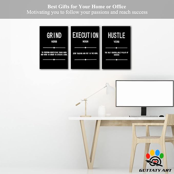 Office Wall Art - 3 Panel Motivational Wall Art, Inspirational Quotes Canvas Art for Home Office Wall Decor, Positive Quotes Wall Decor, Entrepreneur Grind Hustle Execution Poster Frame (12”x24”x3Pcs)