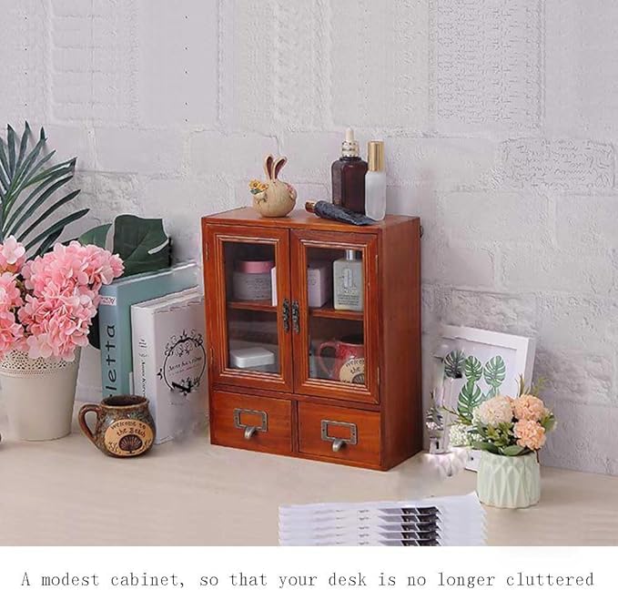 Rustic Apothecary Cabinet - 12" L x 4.7" W x 14" H Vintage Pine Countertop Cabinet with 2 Shatterproof Clear Doors & 2 Drawers, Small Spice Organizer for Kitchen, Bathroom, Office (Brown)