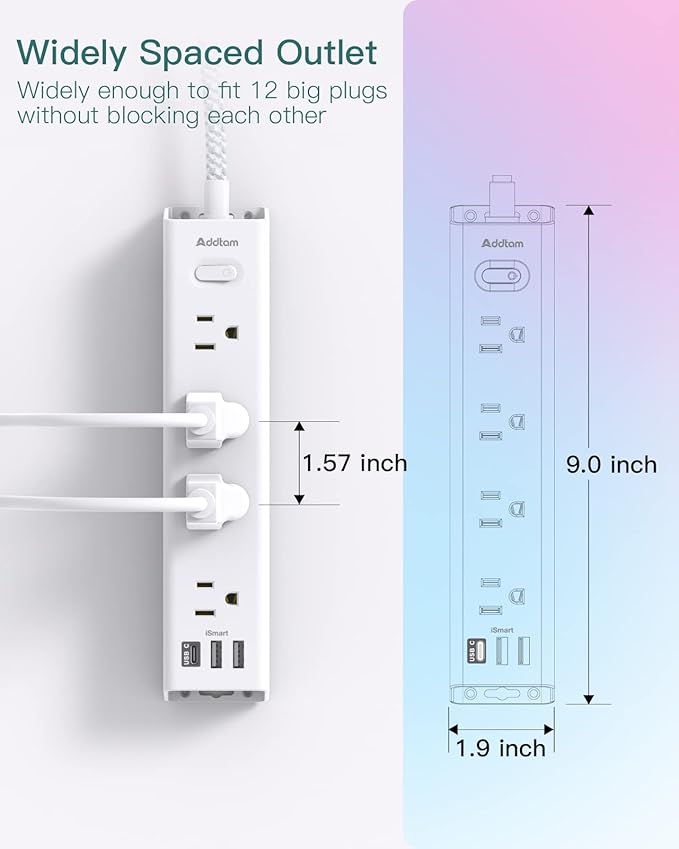 Surge Protector Power Strip - 20 FT Extension Cord, Power Strip with 12 Widely AC Outlet 3 USB, Flat Plug Wall Mount Overload Protection, 1050J, Desk Charging Station for Home Office, ETL Listed,White