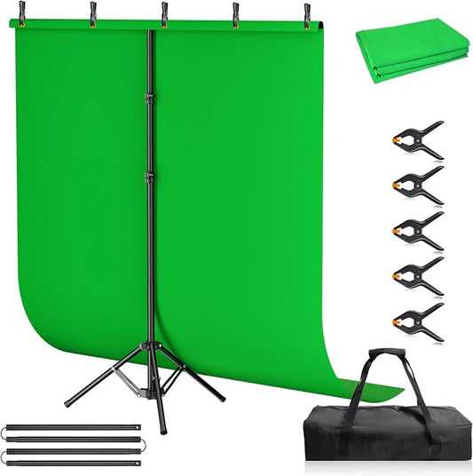 Green Screen Backdrop Kit, 5×7ft Portable Greenscreen Background with Adjustable T-Shaped Stand, 5 Clamps, Carrying Bag for Parties, Streaming, Photography, Zoom, Gaming, Video Studio