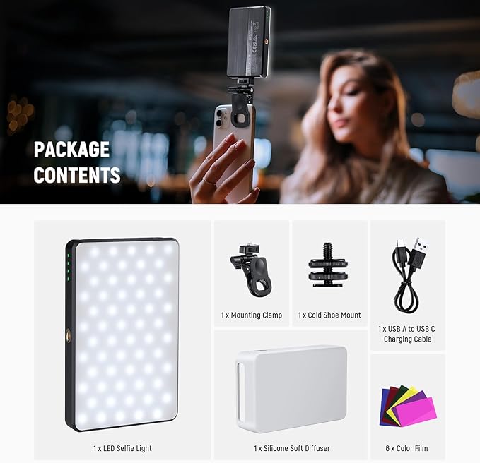 NEEWER Basics LED Selfie Phone Light, Rechargeable 2500-9000K Clip On Fill Light, Color Films/Diffuser/3000mAh, CRI95+ Dimmable Video Conference Lighting for iPhone Camera Laptop Zoom Call, BL120B